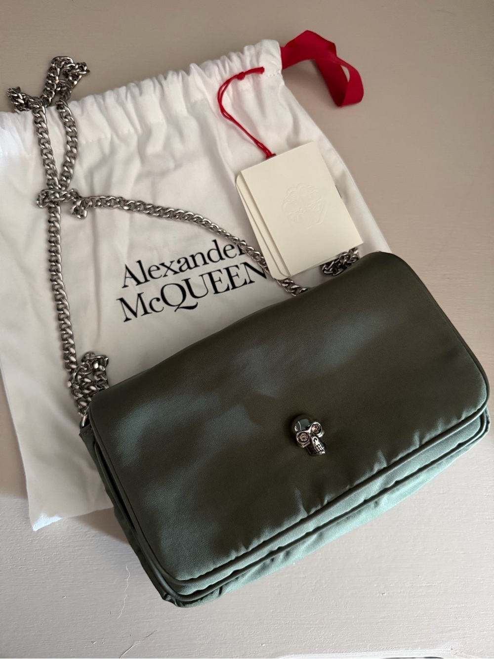 Alexander McQueen Olive Leather Shoulder Bag with Silver Skull Accent